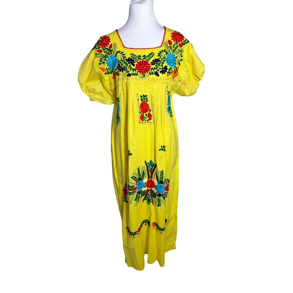 Mexican Puebla Dress Yellow Hand Embroidered Floral Boho Maxi Square Neck Med